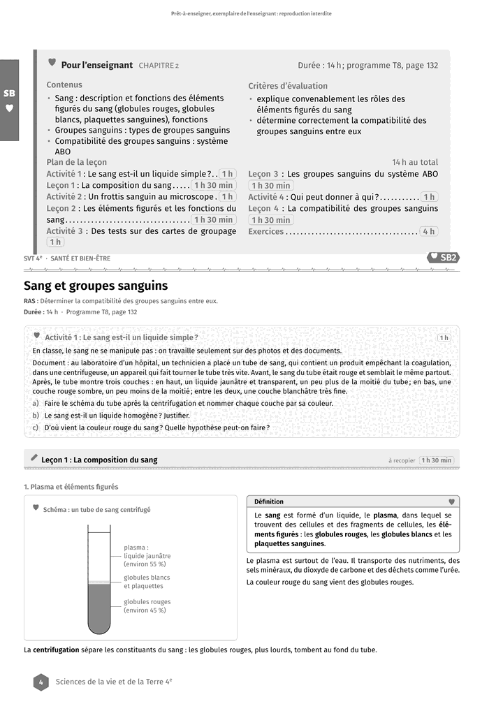 Première page d'une leçon du manuel SVT 4e, avec les repères pour l'enseignant en haut